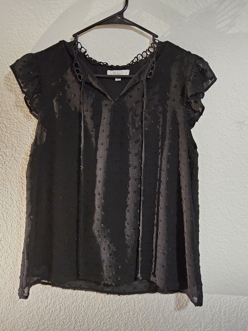 Sage & Citrus Black Textured Cap-Sleeve Blouse with V-Neck